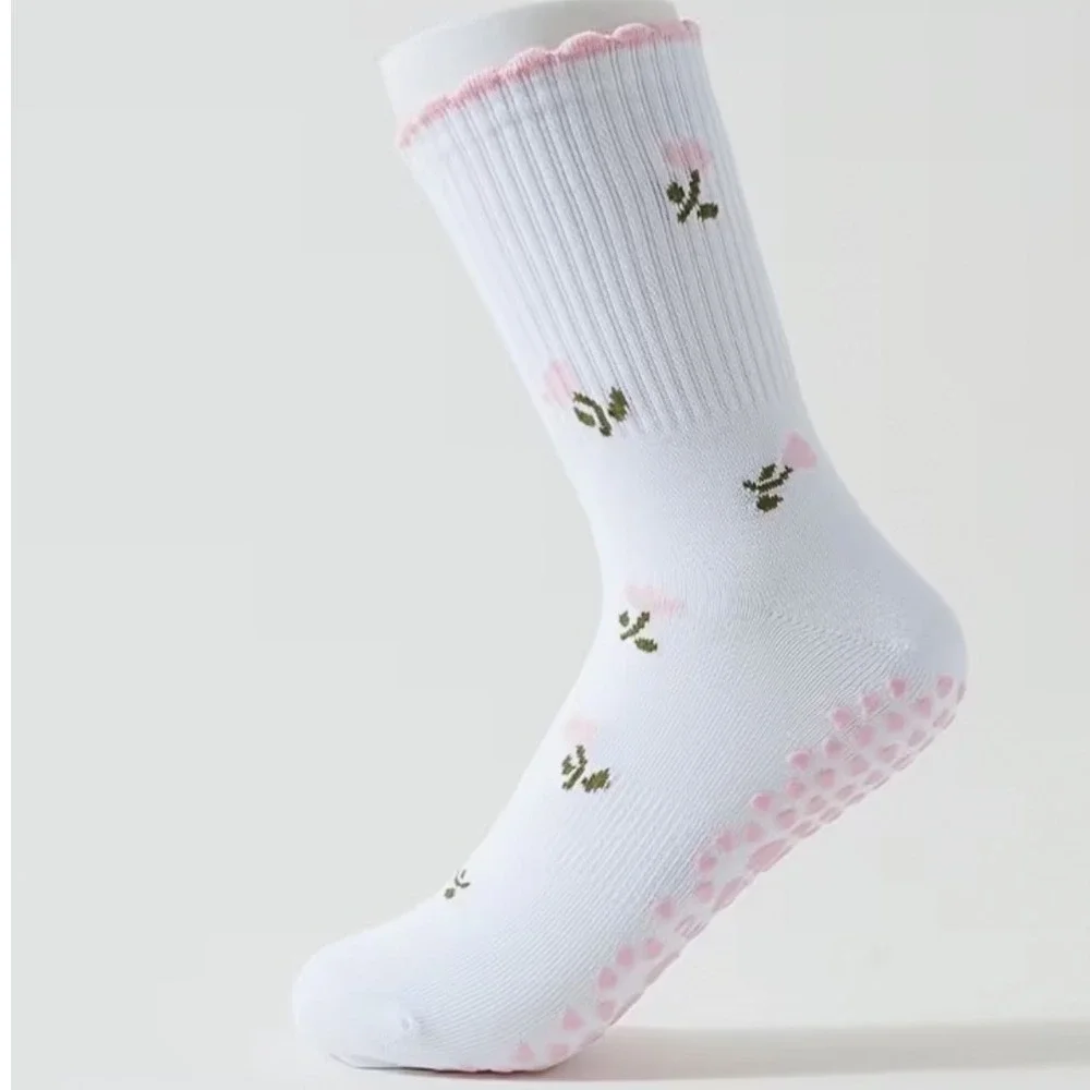 Grip Socks One Size White Pink NWT Floral Heart Grips Lettuce Trim